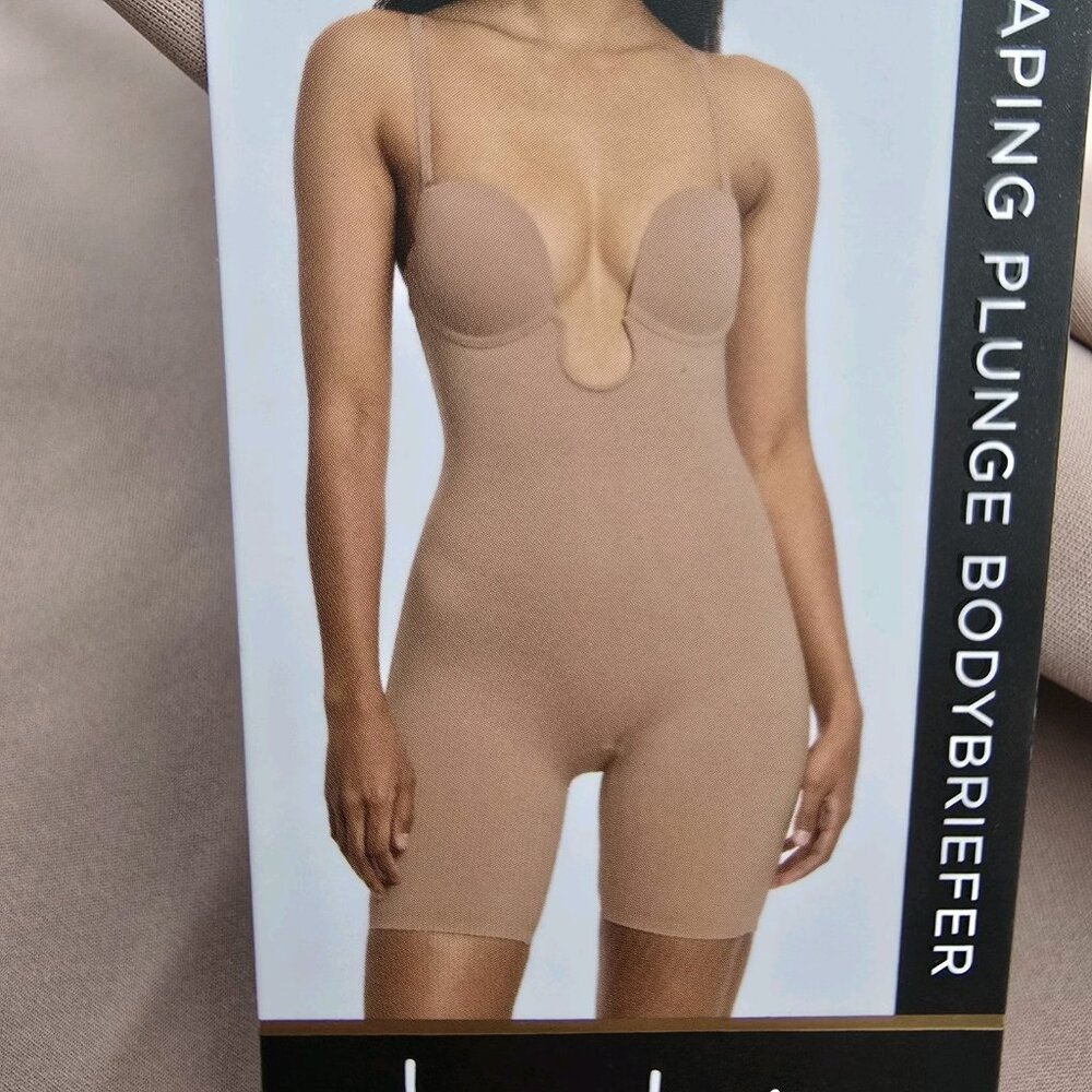 Nicole Miller New York Shaping Plunge Bodybriefer Size L Scuba Tan Ivory NWT